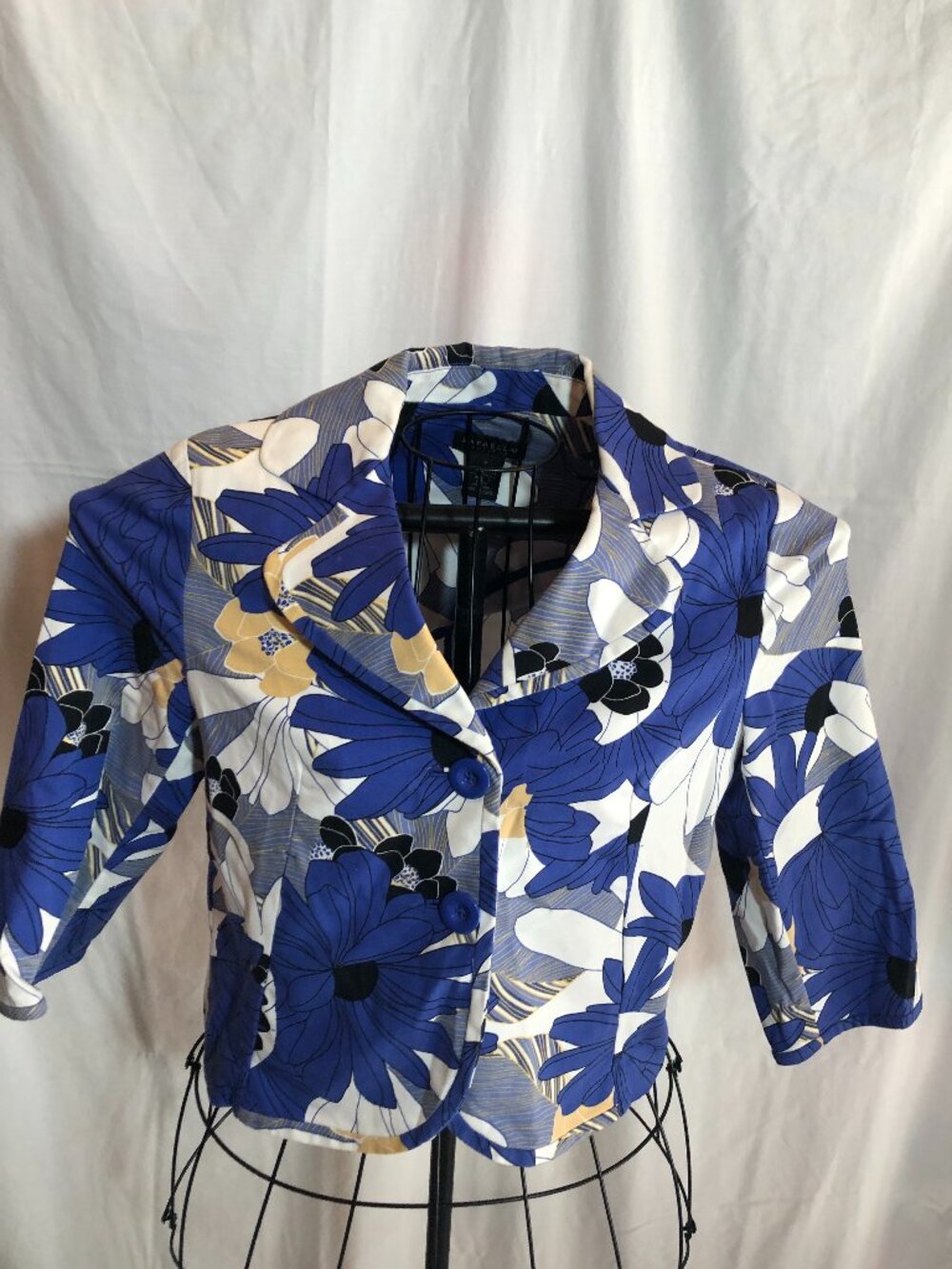 Rafaella Petites SMALL Blue Floral 3/4 Sleeve Jacket 18" Pit to Pit